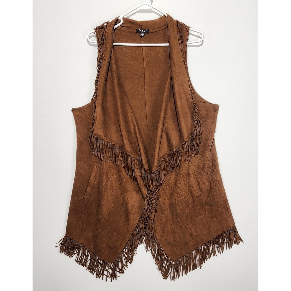 TCEC Women's Festival Western Wear Brown Suede Fringe Casual Cardigan Size XL
